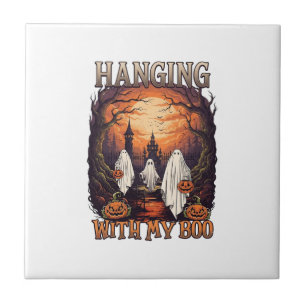 Hanging Boo Halloween Ghosts Pumpkins Full Moon_1 Ceramic Tile