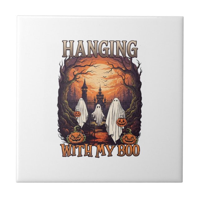 Hanging Boo Halloween Ghosts Pumpkins Full Moon_1 Ceramic Tile (Front)