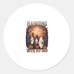 Hanging Boo Halloween Ghosts Pumpkins Full Moon_1 Classic Round Sticker