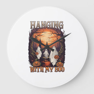 Hanging Boo Halloween Ghosts Pumpkins Full Moon_1 Large Clock