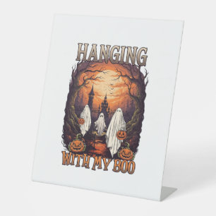 Hanging Boo Halloween Ghosts Pumpkins Full Moon_1 Pedestal Sign
