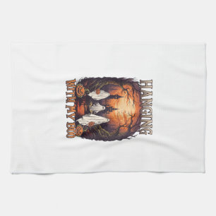 Hanging Boo Halloween Ghosts Pumpkins Full Moon_1 Tea Towel