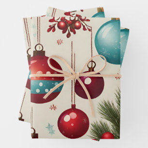 Hanging Christmas Ornaments and Red Berries Wrapping Paper Sheet