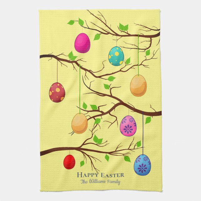 Hanging Easter Eggs, Spring Tree Branches Tea Towel (Vertical)