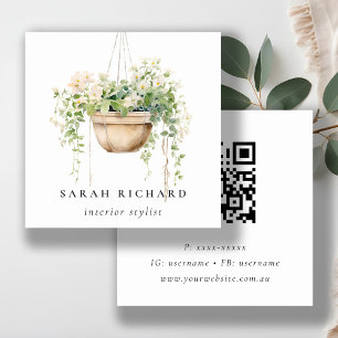 Hanging Floral House Plants Botanical QR Code Square Business Card