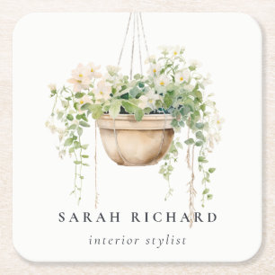 Hanging Floral House Plants Watercolor Botanical  Square Paper Coaster