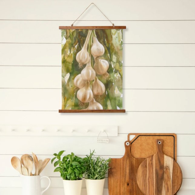 Hanging Garlic Watercolor Tapestry Scroll Art (Hanging Kitchen Wood Top Scroll Art Hanging Garlic Watercolor Green Washes European Country Style)