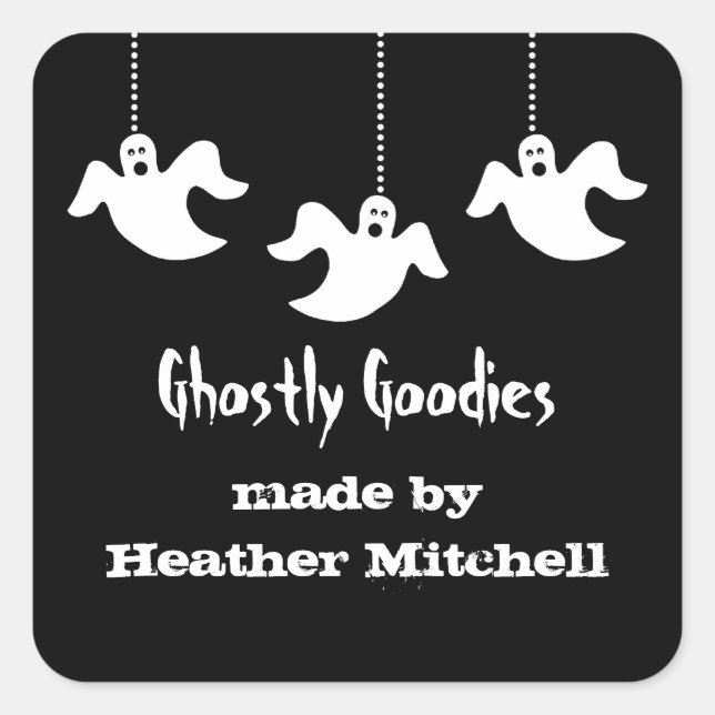 Hanging Ghosts Halloween Baking Stickers, Black Square Sticker (Front)