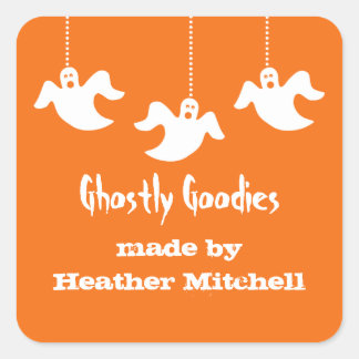 Hanging Ghosts Halloween Baking Stickers, Orange Square Sticker