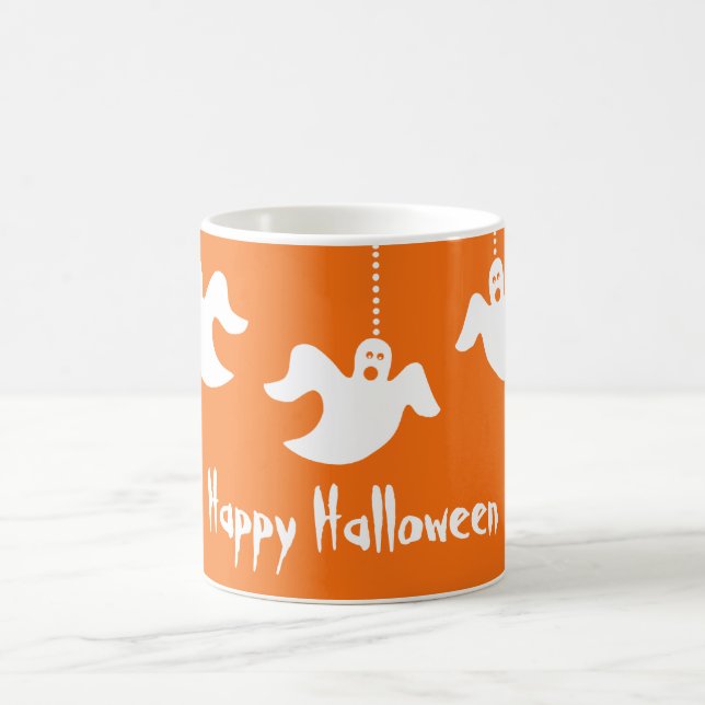 Hanging Ghosts Halloween Mug, Orange Coffee Mug (Center)