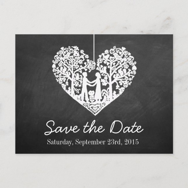 Hanging Heart Tree Chalkboard Save The Date Announcement Postcard (Front)