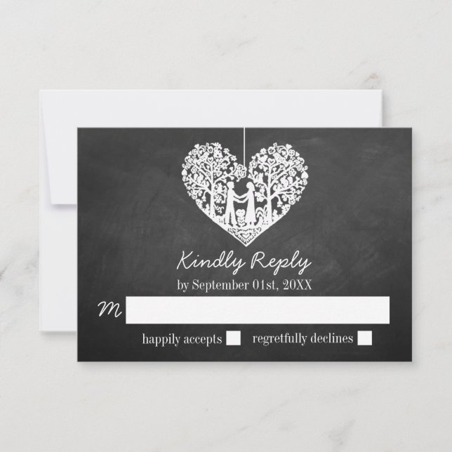 Hanging Heart Tree Chalkboard Wedding RSVP (Front)