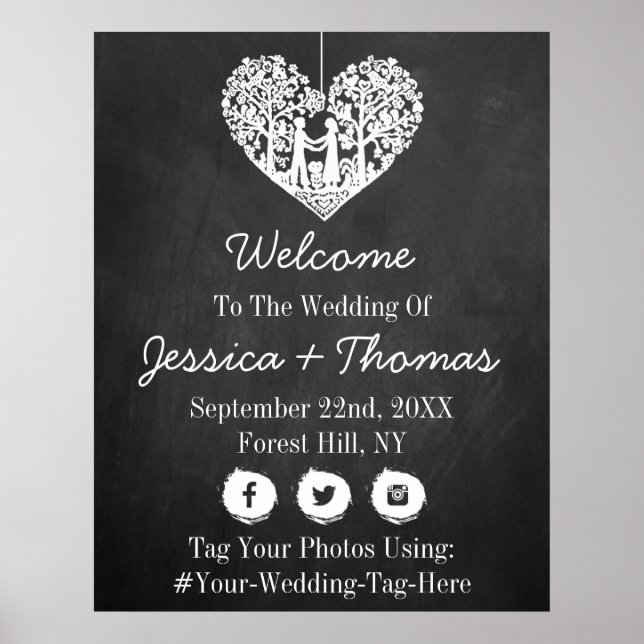 Hanging Heart Tree Chalkboard Wedding Welcome Poster (Front)