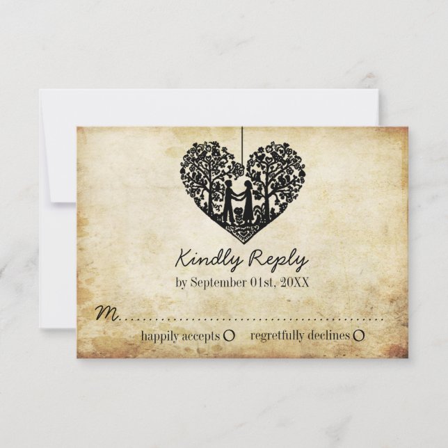 Hanging Heart Tree Vintage Wedding RSVP Card (Front)