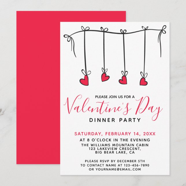 HANGING HEARTS Valentine's Day Dinner Party Invitation (Front/Back)