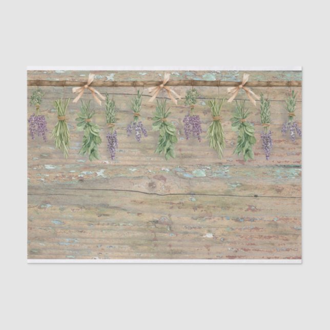 Hanging Herbs on rustic wood wall Tissue Paper (Front)
