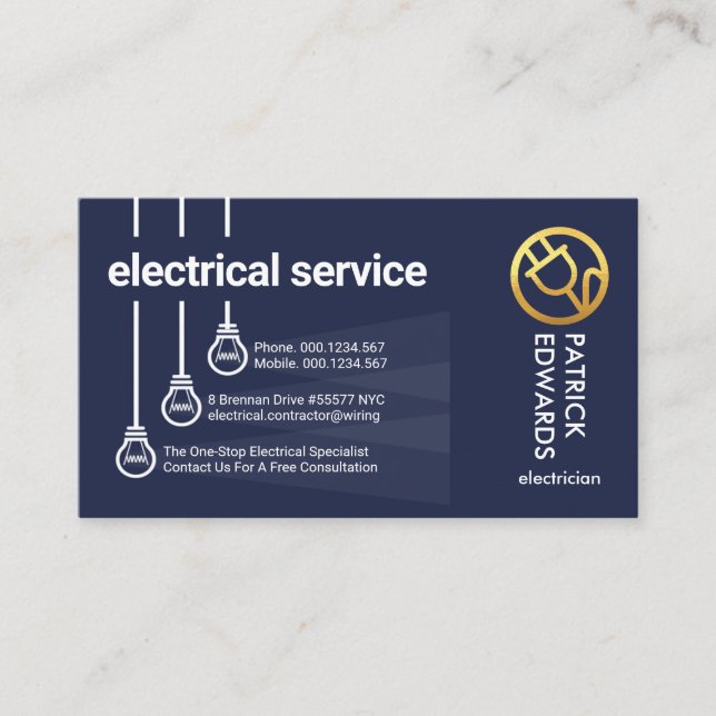 Hanging Lightbulbs Gold Power Plug Business Card (Front)