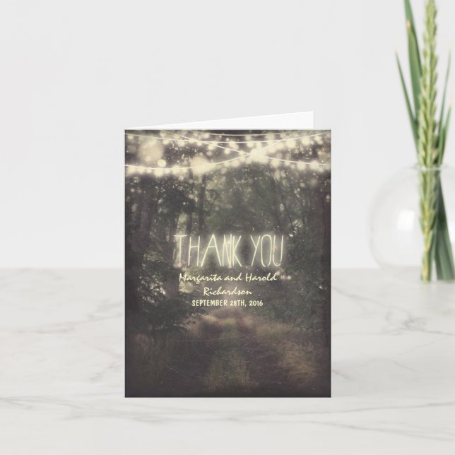 hanging lights and trees wedding thank you cards (Front)