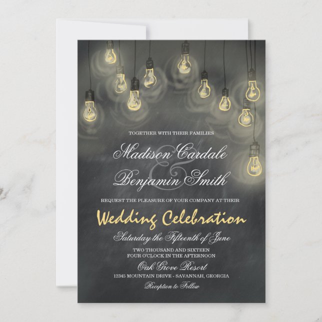 Hanging Lights Vintage Chalkboard Wedding Invites (Front)