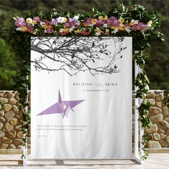 Hanging Lilac Paper Crane Wedding Photo Backdrop Tapestry (Hanging Origami Lilac Purple Paper Crane Asian Wedding Photo Backdrop Tapestry @ fatfatin_red_knot)