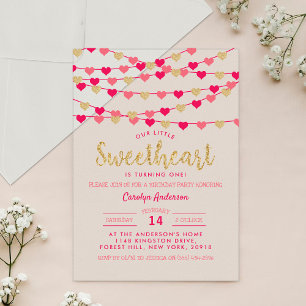 Hanging Love Hearts Little Sweetheart Birthday Acrylic Invitations