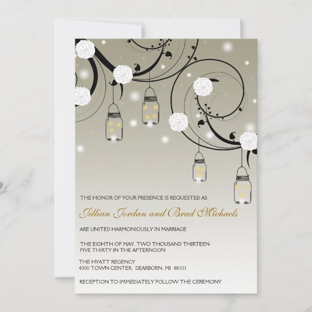 Hanging Mason Jar and Fireflies Wedding Invitation (Front)