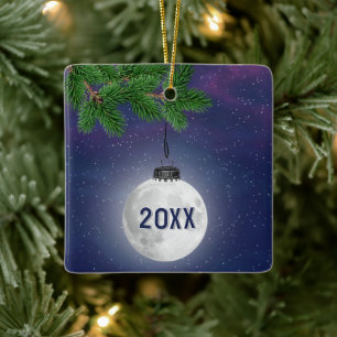 Hanging Moon Christmas Ornament On Pine Bough