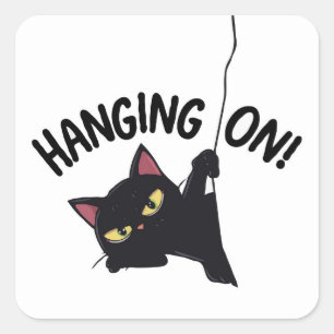Hanging On: Black Cat Holding Rope Square Sticker