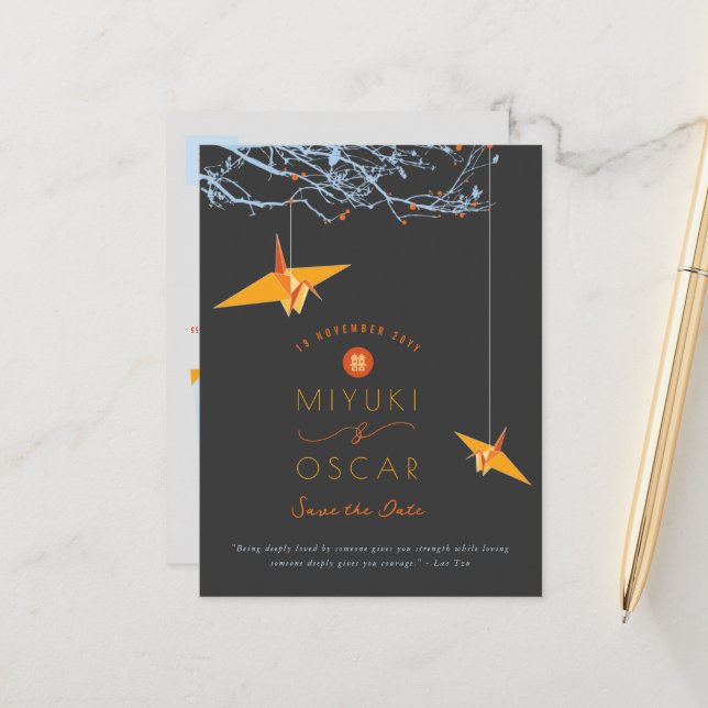 Hanging Orange Origami Paper Cranes Save The Date Announcement Postcard (Front/Back In Situ)