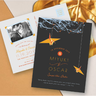 Hanging Orange Origami Paper Cranes Save The Date Announcement Postcard