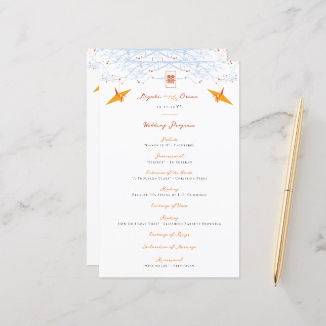 Hanging Orange Paper Cranes 囍 Wedding Program (Front/Back In Situ)