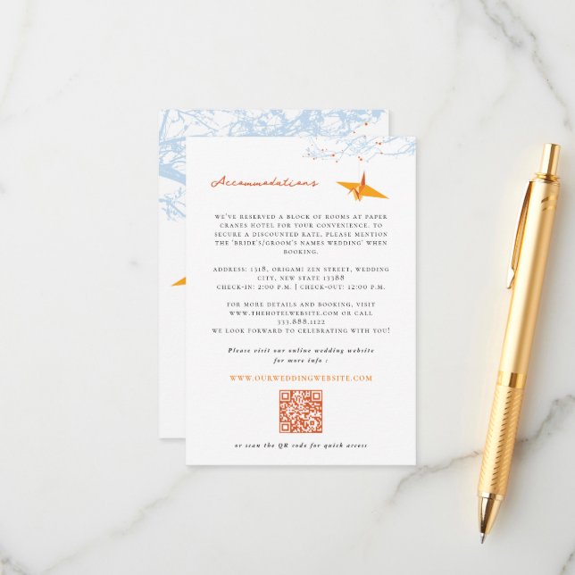Hanging Origami Orange Crane Asian Wedding Details Enclosure Card (Front/Back In Situ)