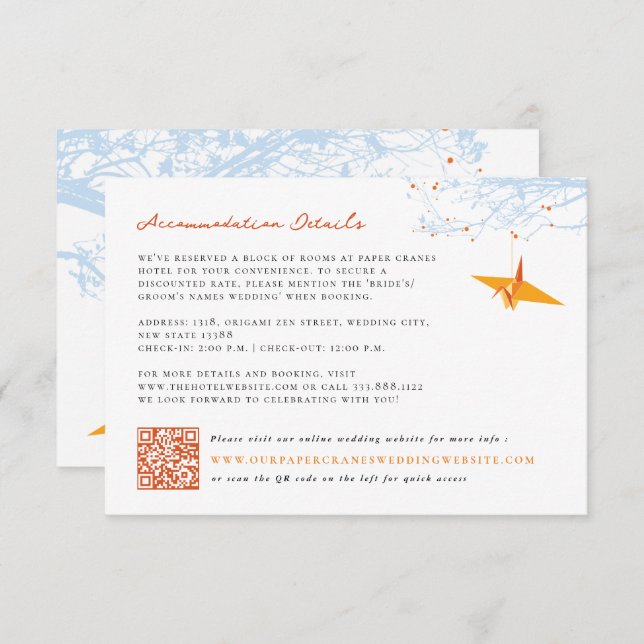 Hanging Origami Orange Crane Asian Wedding Details Enclosure Card (Front/Back)