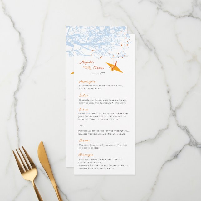 Hanging Origami Orange Paper Crane Asian Wedding Menu (Front/Back In Situ)