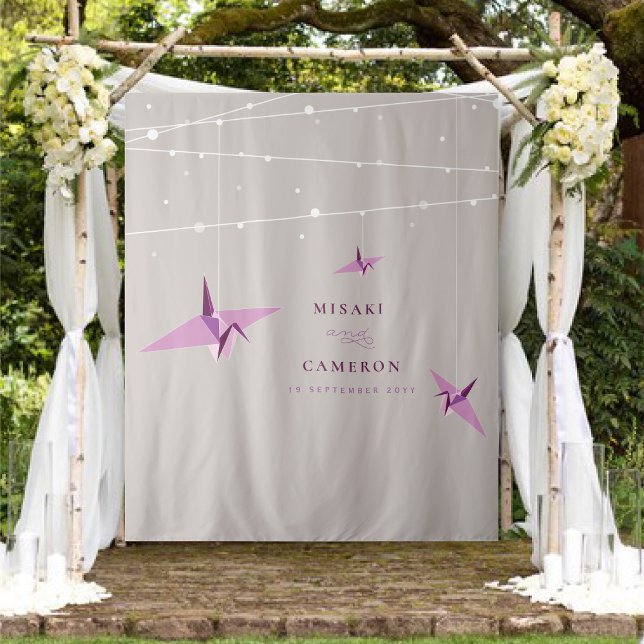 Hanging Origami Paper Crane Wedding Photo Backdrop Tapestry (Hanging Origami Paper Cranes & Fairy Lights Wedding Photo Backdrop Tapestry @ fatfatin_red_knot)