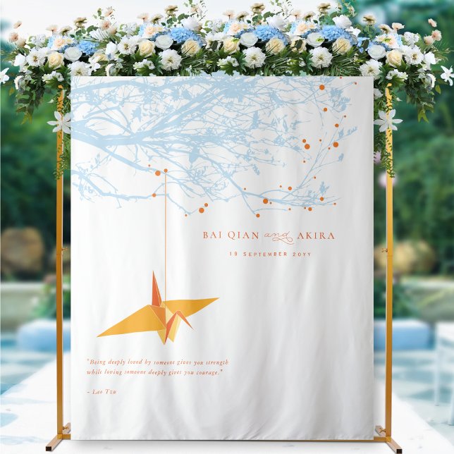 Hanging Origami Paper Crane Wedding Photo Backdrop Tapestry (Hanging Origami Orange Paper Crane & Branches Wedding Photo Backdrop Tapestry @ ftaftain_red_knot)