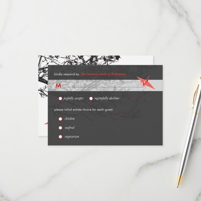 Hanging Origami Paper Cranes Asian Wedding RSVP (Front/Back In Situ)