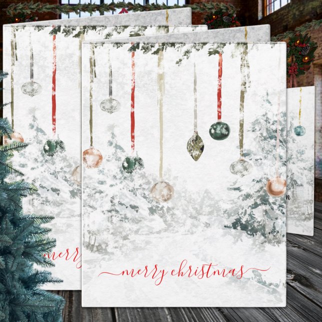 Hanging Ornaments Snowy Winter Scene Christmas Holiday Card (Hanging Ornaments Snowy Winter Scene Wraparound Graphics Folded Christmas Holiday Card in two sizes)