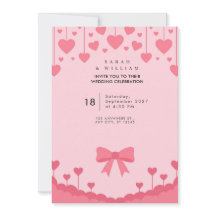 Hanging Pink Hearts Pastel Bow Wedding Invitation