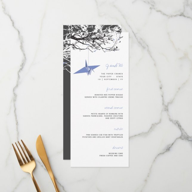 Hanging Purple Paper Crane On Branch Asian Wedding Menu (Front/Back In Situ)