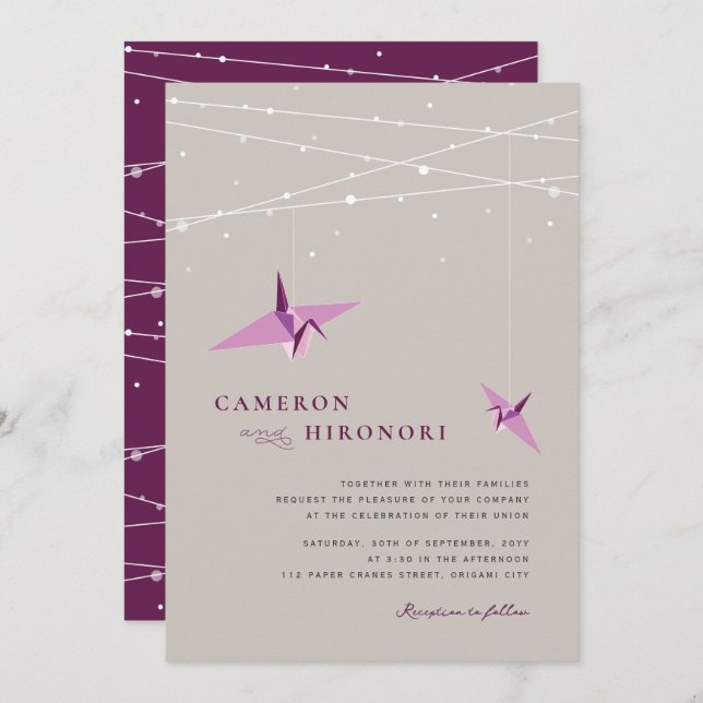 Hanging Purple Paper Cranes & Fairy Lights Wedding Invitation (Front/Back)