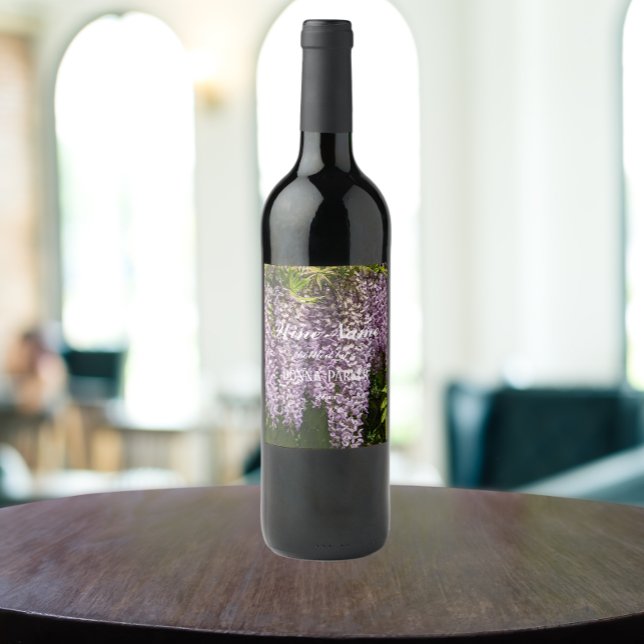 Hanging Purple Wisteria Blooms Personalised Wine Label (In Situ Glass of Wine)