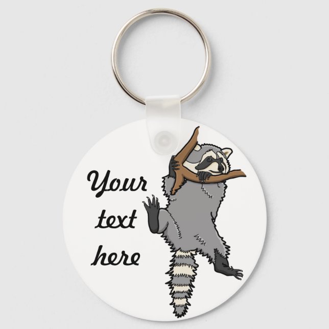 Hanging raccoon personalised  key ring (Front)