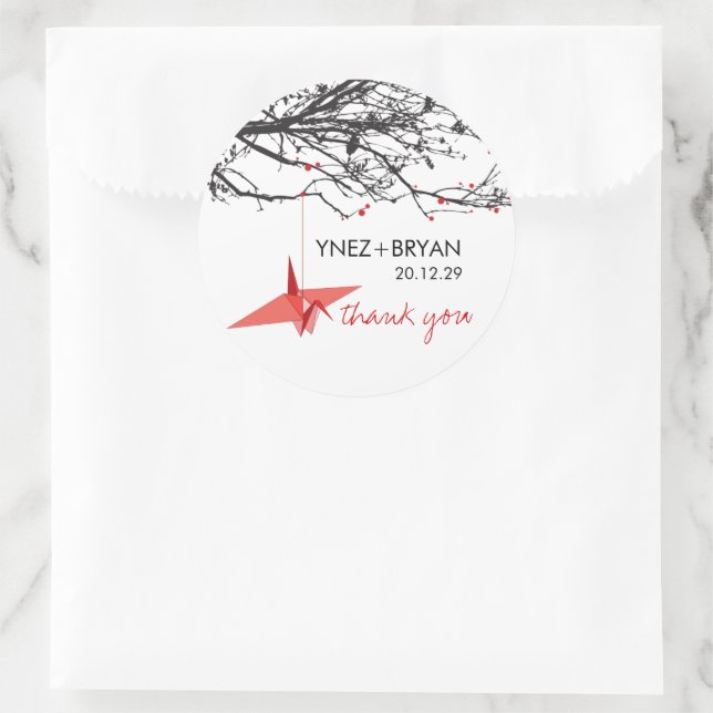 Hanging Red Origami Paper Crane Chic Asian Wedding Classic Round Sticker (Bag)