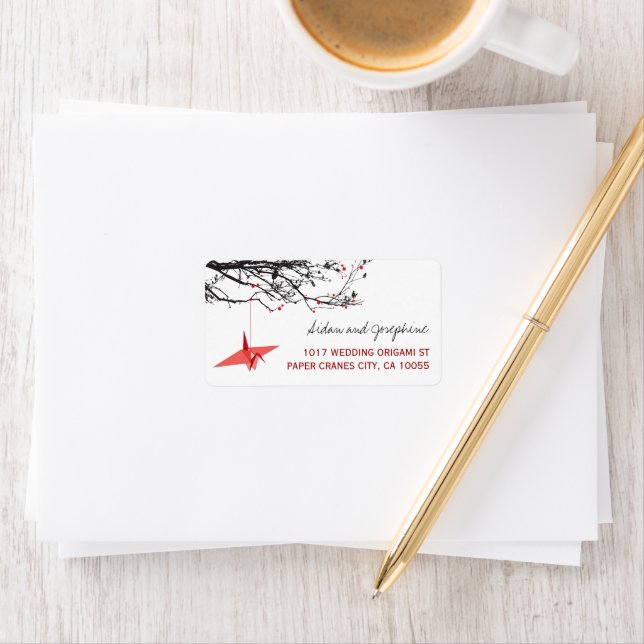 Hanging Red Paper Crane Asian Wedding Address Label (Insitu)