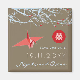 Hanging Red Paper Crane On Branches Save The Date Magnet