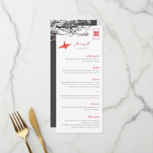 Hanging Red Paper Cranes Asian Wedding Menu Card