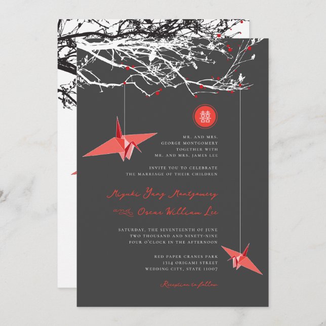 Hanging Red Paper Cranes Love Quote Asian Wedding Invitation (Front/Back)