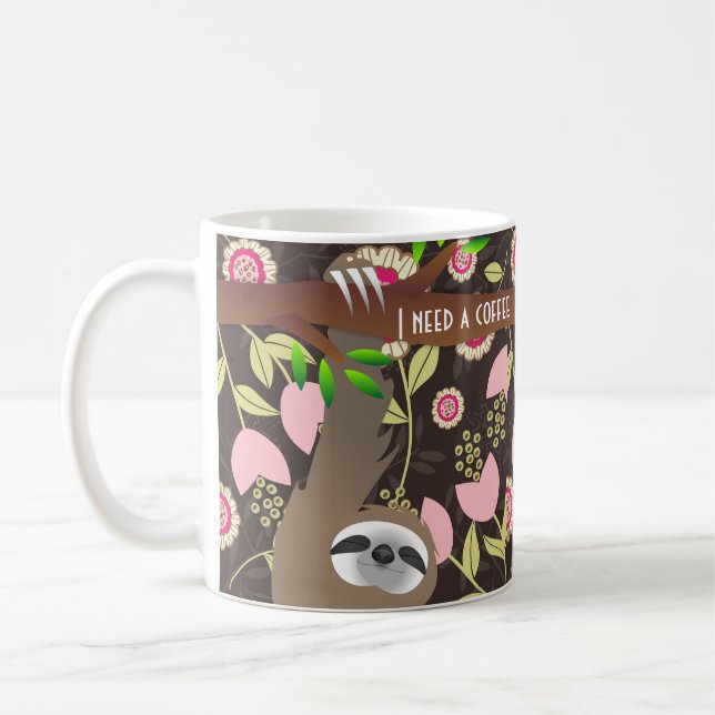 Hanging Sleeping Sloth I Need A Coffee Brown Mug (Left)