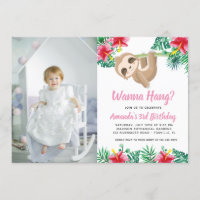 Hanging Sloth Girl Birthday Photo Invitation